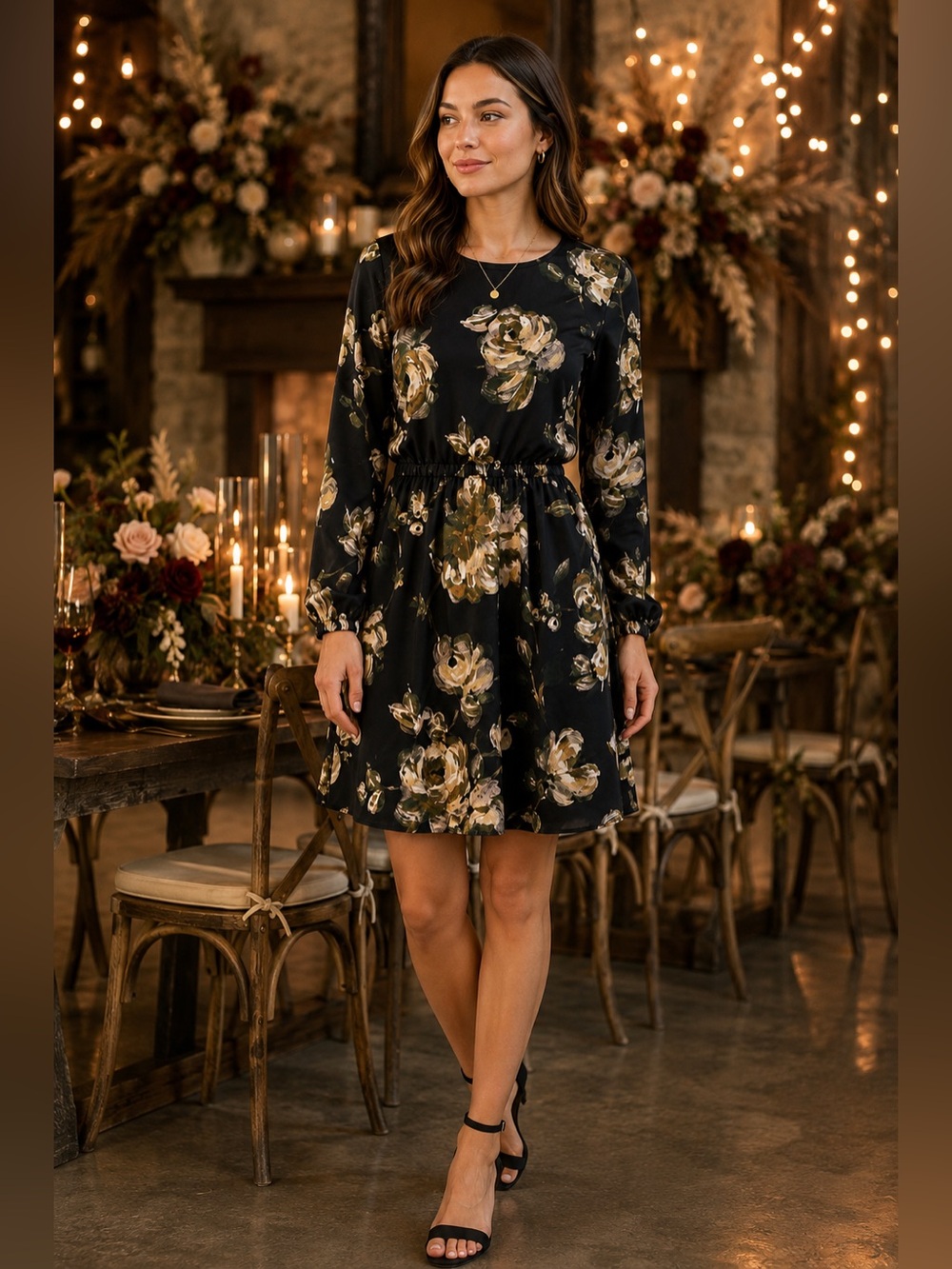 J. Crew Black Long-Sleeve Floral Dress with Gold-Cream Blooms Fall Wedding Sz 10